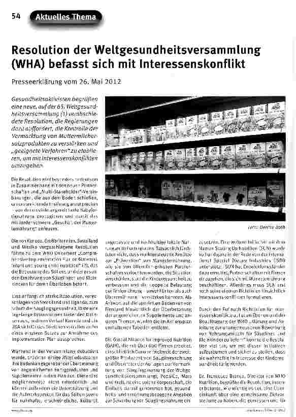 Vorschauseite 1: Resolution der Weltgesundheitsversammlung (WHA) befasst sich mit Interessenskonflikt