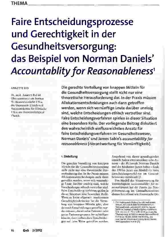 Vorschauseite 1: Faire Entscheidungsprozesse und Gerechtigkeit in der Gesundheitsversorgung:das Beispiel von Norman Daniels AccountablityforReasonableness
