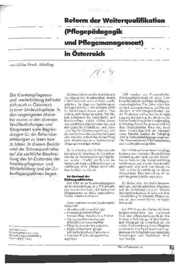 Vorschauseite 1: Reform der Weiterqualifikation (Pflegepädagogik und Pflegemanagment) in Österreich
