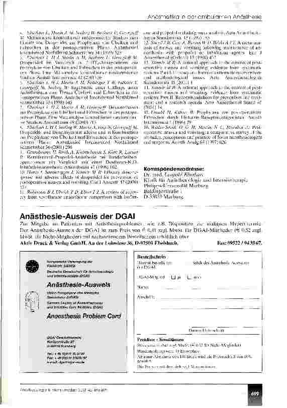 Vorschauseite 5: Einsatz von Antiemetika und Anästhesieverfahren in der ambulanten Anästhesie Eine Umfrage unter niedergelassenen Anästhesisten in Deutschland