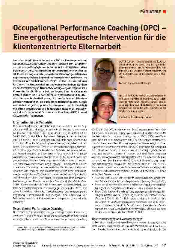 Vorschauseite 1: Occupational Performance Coaching (OPC) -Eine ergotherapeutische Intervention für die klientenzentrierte Elternarbeit