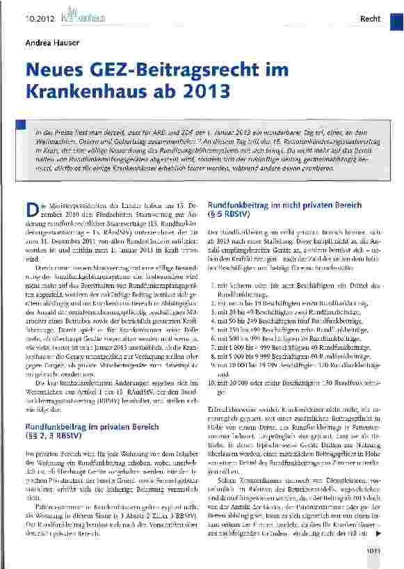 Vorschauseite 1: Neues GEZ-Beitragsrecht im Krankenhaus ab 2013