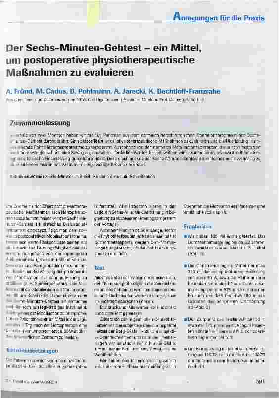 Vorschauseite 1: Der Sechs-Minuten-Gehtest - ein Mittel, um postoperative physiotherapeutische Maßnahmen zu evaluieren