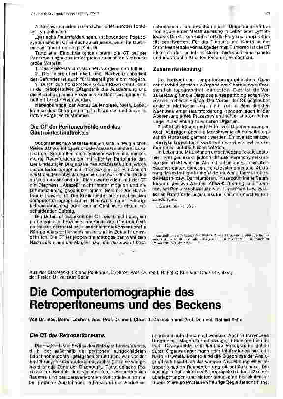 Vorschauseite 1: Die Computertomographie des Retroperitoneums und des Beckens Bericht aus der Strahlen-und Poliklinik Charlottenburg