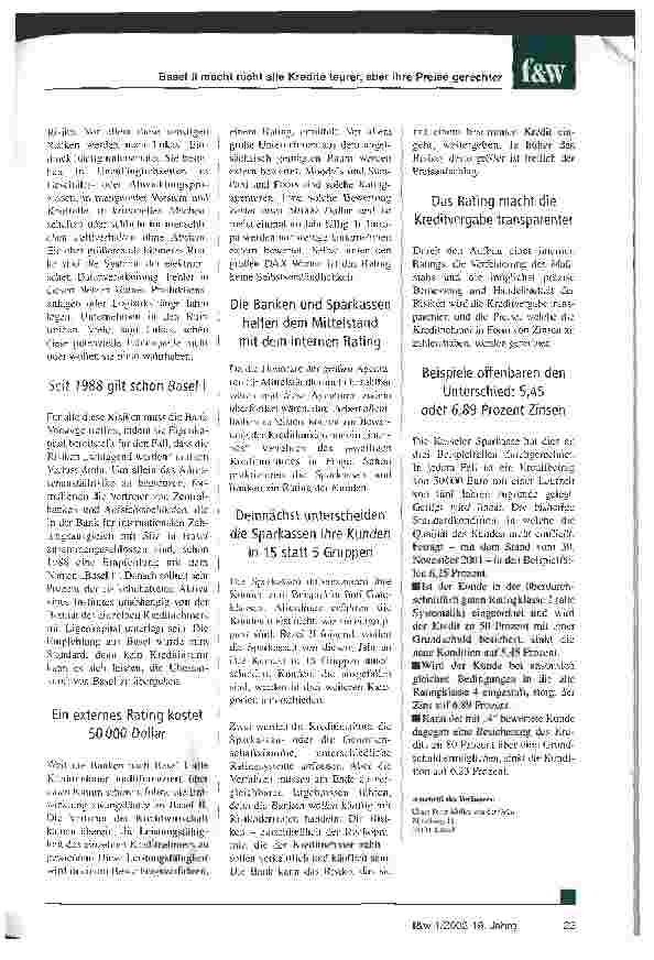 Vorschauseite 2: Basel II macht nicht alle Kredite teurer, aber ihre Preise gerechter