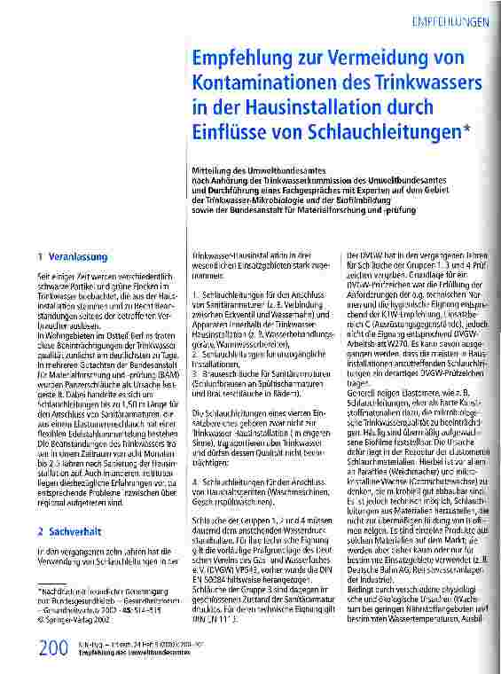 Vorschauseite 1: Empfehlungen zur Vermeidung von Kontaminationen des Trinkwassers in der Hausinstallation durch Einflüsse von Schlauchleitungen