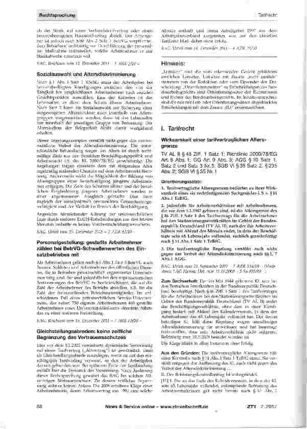 Vorschauseite 1: Wirksamkeit einer tarifvertraglichen Altersgrenze TV AL II §46 Ziff. 1 Satz 1; Richtlinie 2000/78/EG Art. 6 Abs. 1; GG Art. 9 Abs. 3; AGG § 10 Satz 1, Satz 2 und Satz 3 Nr. 5; SGB…