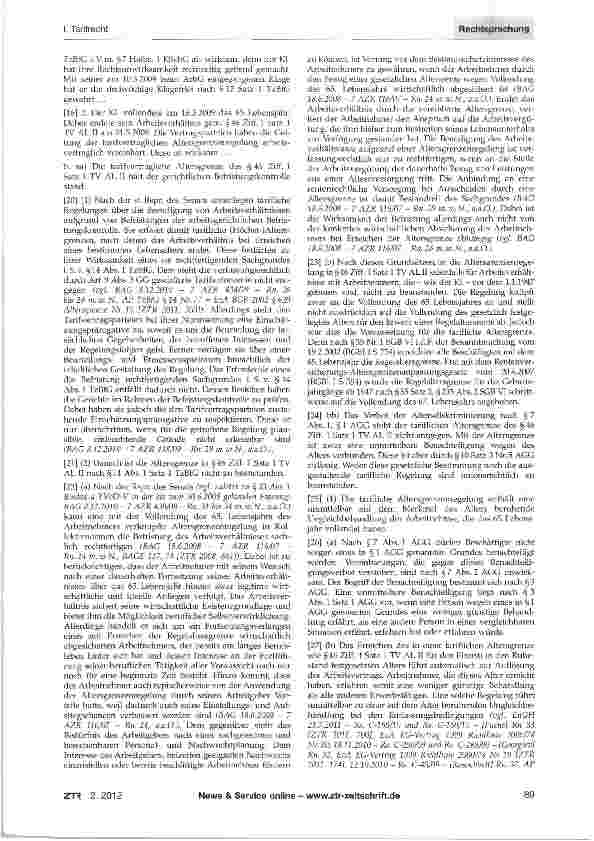 Vorschauseite 2: Wirksamkeit einer tarifvertraglichen Altersgrenze TV AL II §46 Ziff. 1 Satz 1; Richtlinie 2000/78/EG Art. 6 Abs. 1; GG Art. 9 Abs. 3; AGG § 10 Satz 1, Satz 2 und Satz 3 Nr. 5; SGB…