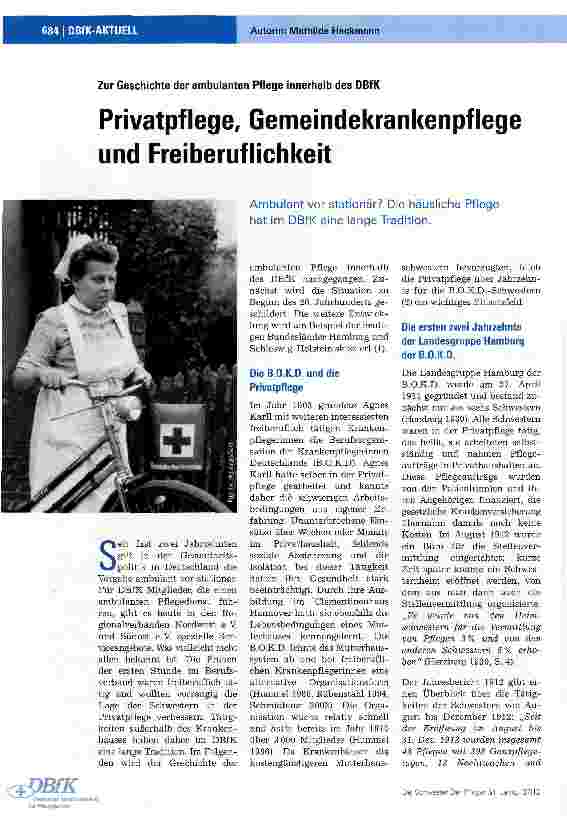 Vorschauseite 1: Zur Geschichte der ambulanten Pflege innerhalb des DBfKPrivatpflege, Gemeindekrankenpflege und Freiberuflichkeit