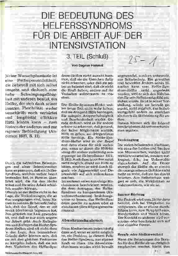 Vorschauseite 1: Die Bedeutung des Helfersyndroms für die Arbeit auf der Intensivstation - 3. Teil (Schluß)