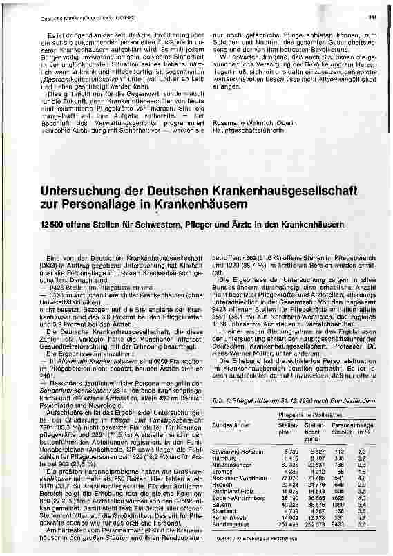 Vorschauseite 1: Untersuchung der Deutschen Krankenhausgesellschaft zur Personallage in Krankenhäusern