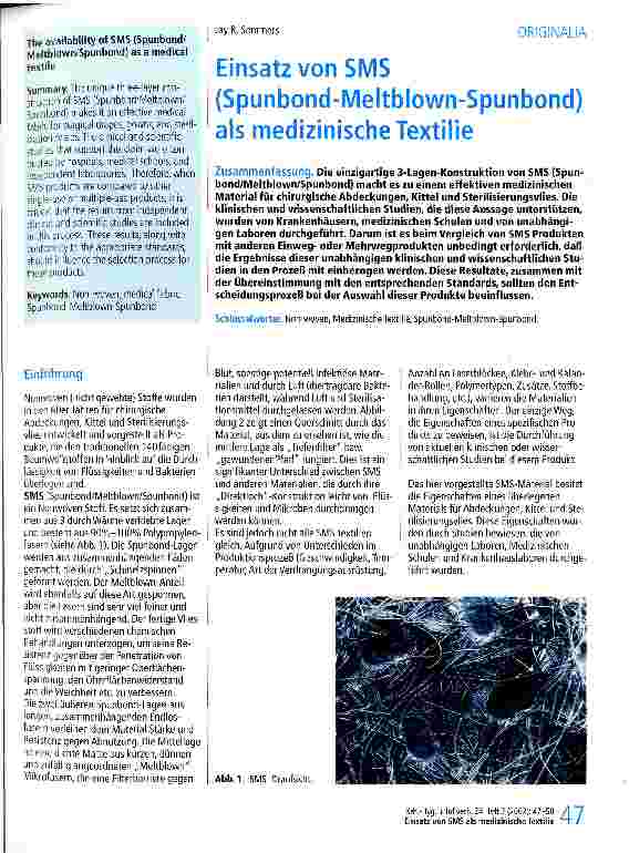 Vorschauseite 1: Einsatz von SMS (Spunbond-Meltblown-Spunbond) als medizinische Textilie