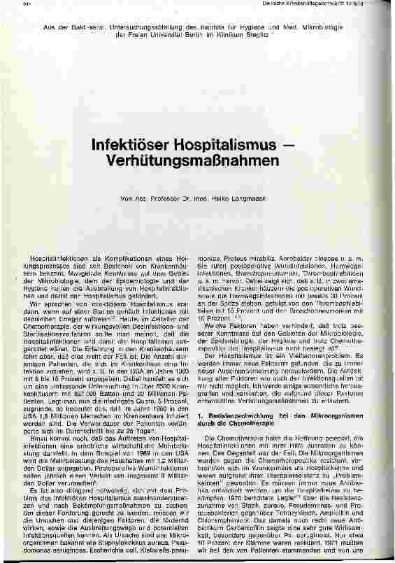 Vorschauseite 1: Infektiöser Hospitalismus - Verhütungsmaßnahmen