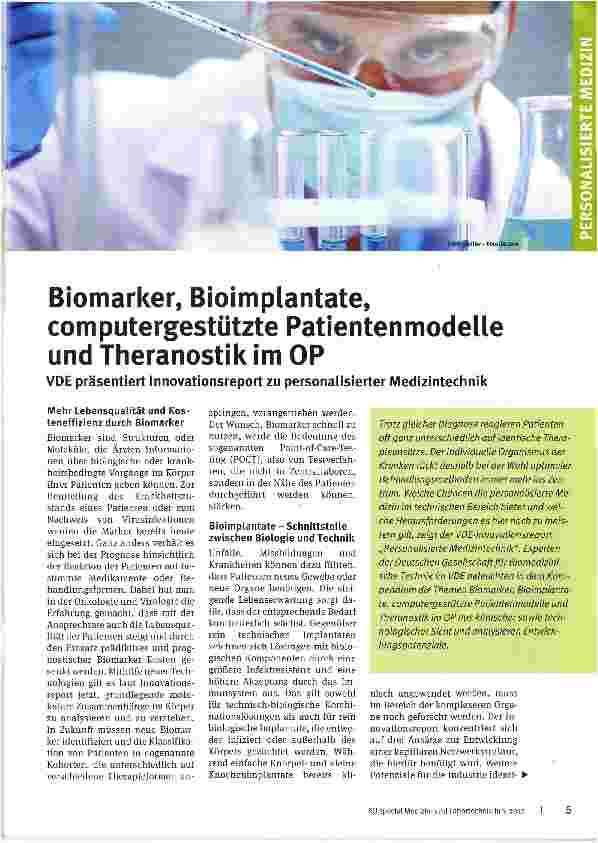 Vorschauseite 1: Biomarker, Bioimplantate, computergestützte Patientenmodelle und Theranostik im OPVDE präsentiert Innovationsreport zu personalisierter Medizintechnik