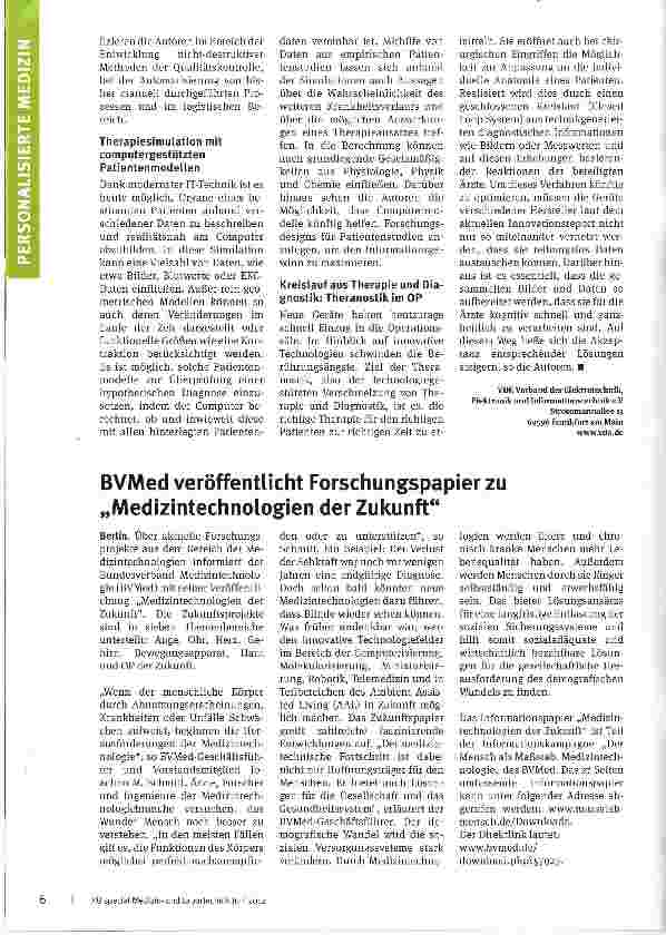 Vorschauseite 2: Biomarker, Bioimplantate, computergestützte Patientenmodelle und Theranostik im OPVDE präsentiert Innovationsreport zu personalisierter Medizintechnik
