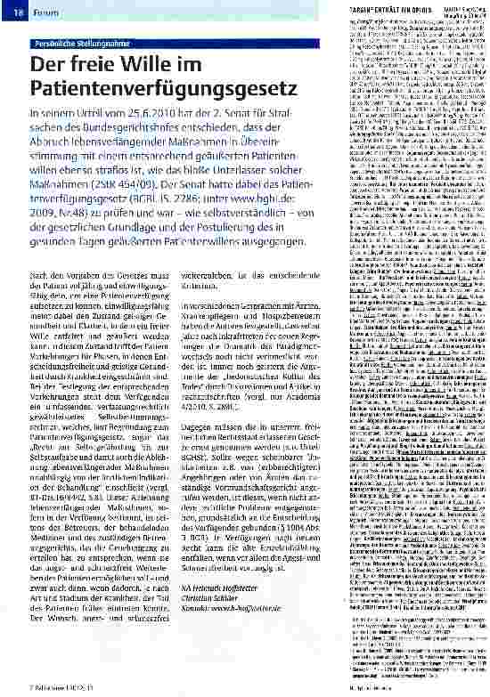 Vorschauseite 1: Der freie Wille im Patientenverfügungsgesetz
