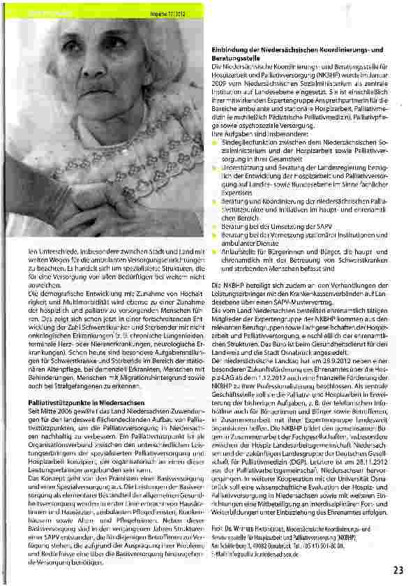 Vorschauseite 2: Die Bedeutung der Weiterentwicklung palliativmedizinischer Angebote in Niedersachsen
