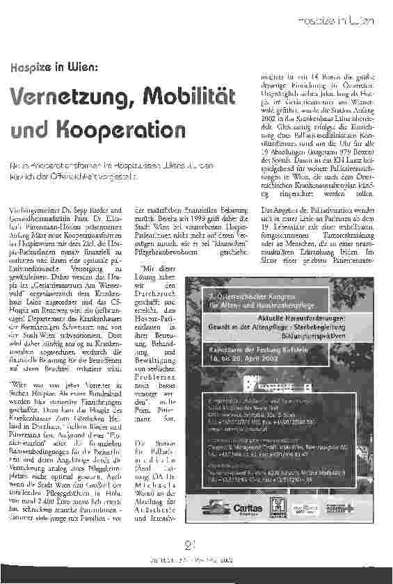 Vorschauseite 1: Vernetzung, Mobilität und Kooperation Hospize in Wien