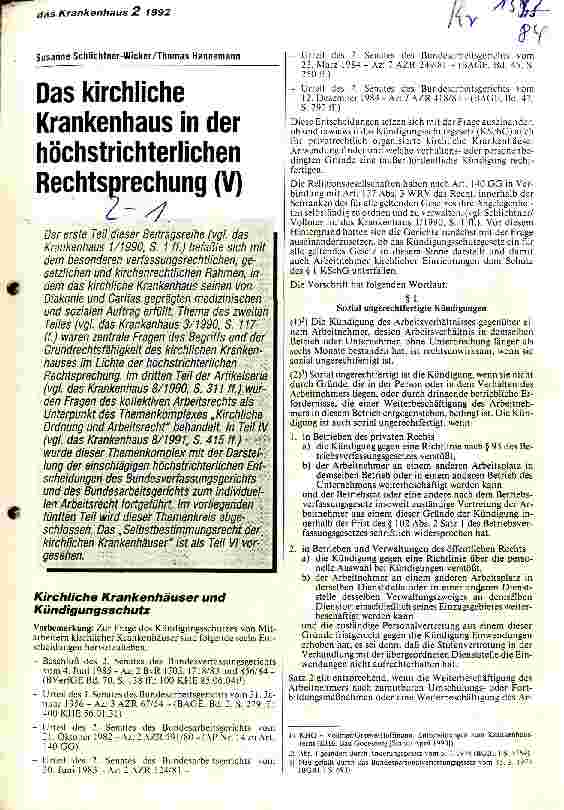 Vorschauseite 1: Das kirchliche Krankenhaus in der höchstrichterlichen Rechtssprechung (V)