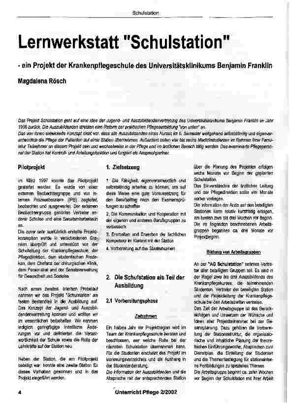 Vorschauseite 1: Schulstationein Projekt der Krankenpflegeschule des Universitätsklinikums Benjamin Franklin
