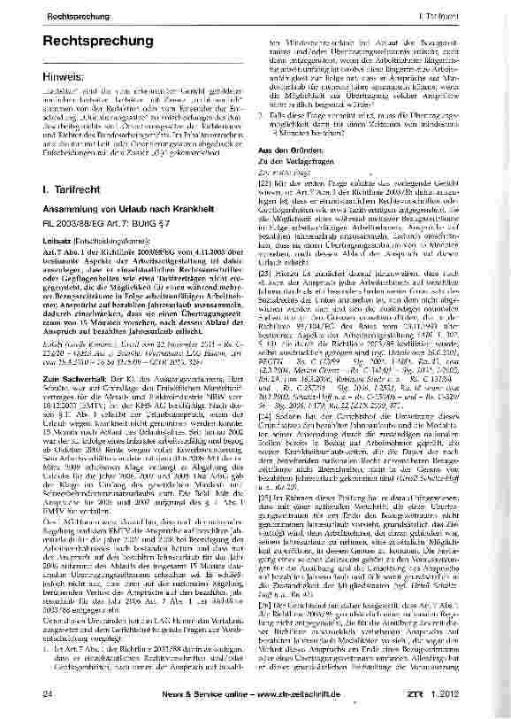 Vorschauseite 1: Ansammlung von Urlaub nach Krankheit RL 2003/88/EG Art. 7; BUrIG §7