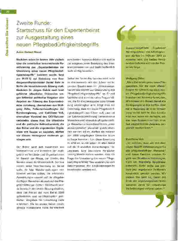 Vorschauseite 1: Zweite Runde: Startschuss für den Expertenbeirat zur Ausgestaltung eines neuen Pflegebedürftigkeitsbegriffs
