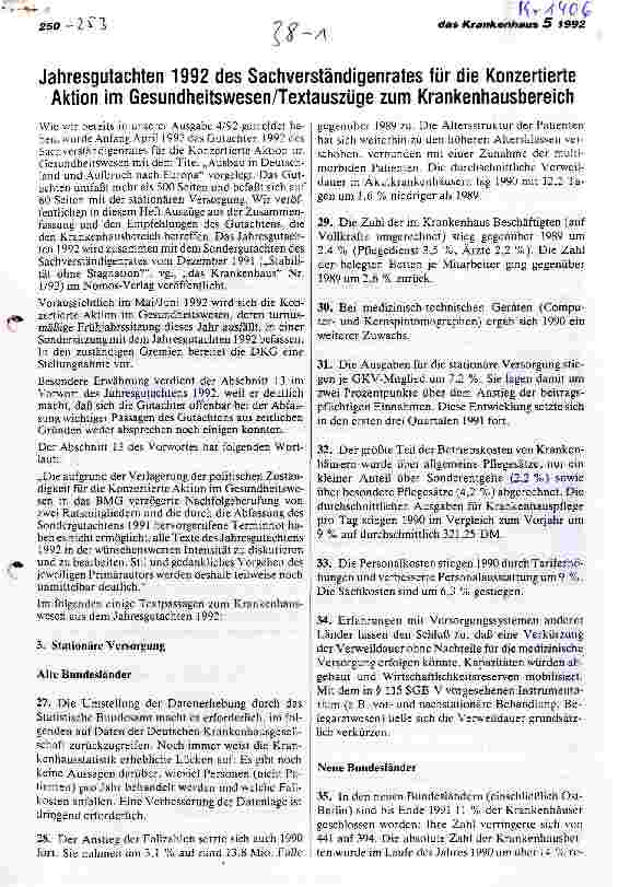 Vorschauseite 1: Jahresgutachten 1992 des Sachverständigenrates für die Konzertierte Aktion im Gesundheitswesen/Textauszüge zum Krankenhausbereich