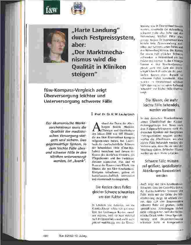 Vorschauseite 1: Harte Landung durch Festpreissystem, aber: Der Marktmechanismus wird die Qualität der Kliniken steigern