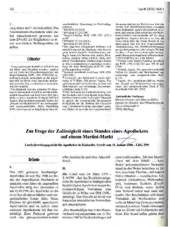 Vorschauseite 1: Zur Frage der Zulässigkeit eines Standes eines Apothekers auf einem Martini-Markt Landesberufungsgericht für Apotheker in Karlsruhe, Urteil vom 31. Januar 2000