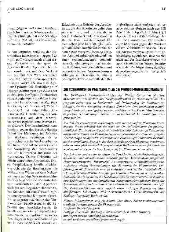 Vorschauseite 2: Zur Frage der Zulässigkeit eines Standes eines Apothekers auf einem Martini-Markt Landesberufungsgericht für Apotheker in Karlsruhe, Urteil vom 31. Januar 2000