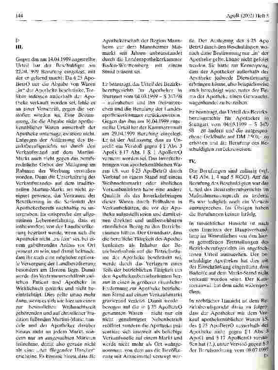 Vorschauseite 3: Zur Frage der Zulässigkeit eines Standes eines Apothekers auf einem Martini-Markt Landesberufungsgericht für Apotheker in Karlsruhe, Urteil vom 31. Januar 2000