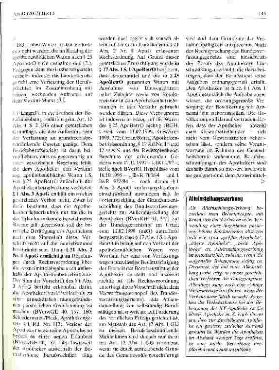 Vorschauseite 4: Zur Frage der Zulässigkeit eines Standes eines Apothekers auf einem Martini-Markt Landesberufungsgericht für Apotheker in Karlsruhe, Urteil vom 31. Januar 2000