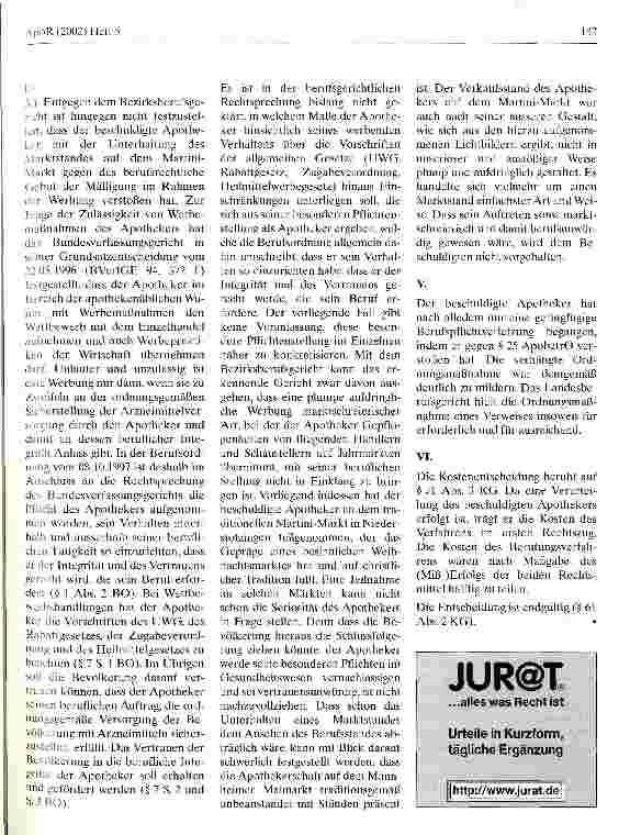 Vorschauseite 6: Zur Frage der Zulässigkeit eines Standes eines Apothekers auf einem Martini-Markt Landesberufungsgericht für Apotheker in Karlsruhe, Urteil vom 31. Januar 2000
