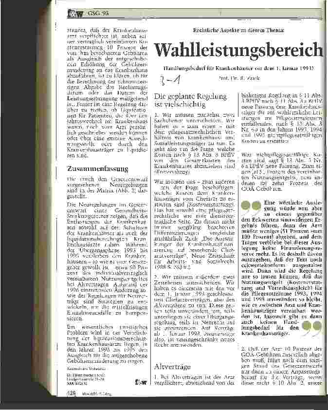 Vorschauseite 1: Wahlleistungsbereich - Handlungsbedarf für Krankenhäuser vor dem 1. Januar 1993