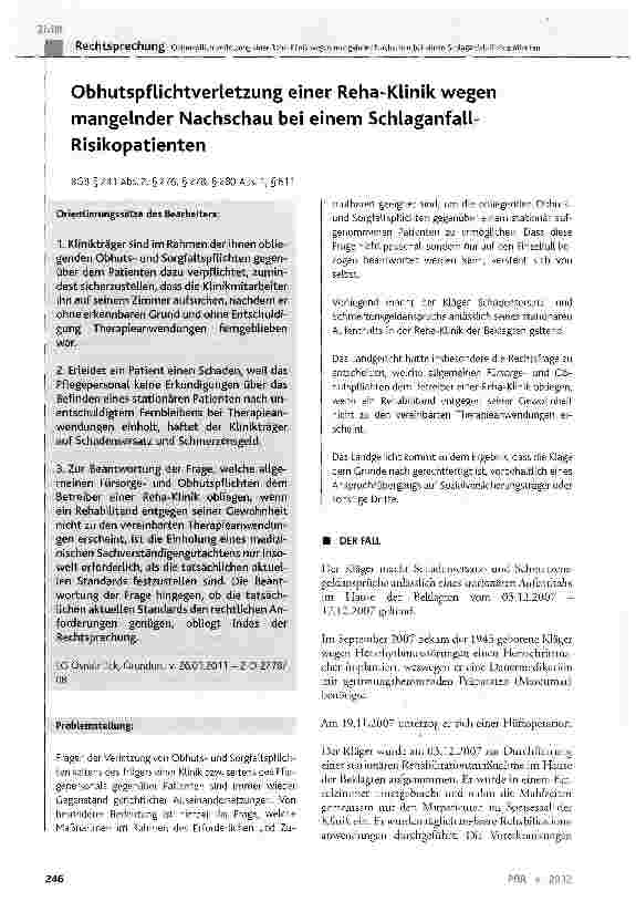 Vorschauseite 1: Obhutspflichtverletzung einer Reha-Klinik wegen mangelnder Nachschau bei einem Schlaganfall-Risikopatienten BGB §241 Abs. 2, §276, §278, §280 Abs. 1, §611