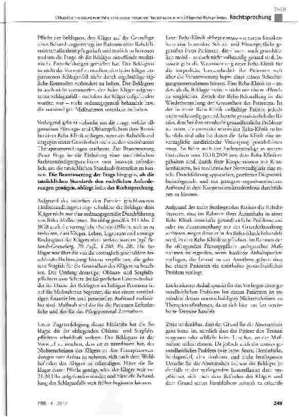 Vorschauseite 4: Obhutspflichtverletzung einer Reha-Klinik wegen mangelnder Nachschau bei einem Schlaganfall-Risikopatienten BGB §241 Abs. 2, §276, §278, §280 Abs. 1, §611