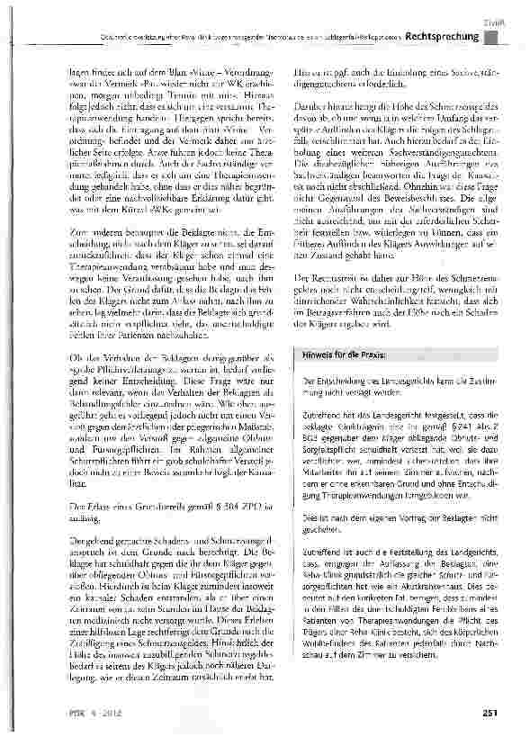 Vorschauseite 6: Obhutspflichtverletzung einer Reha-Klinik wegen mangelnder Nachschau bei einem Schlaganfall-Risikopatienten BGB §241 Abs. 2, §276, §278, §280 Abs. 1, §611