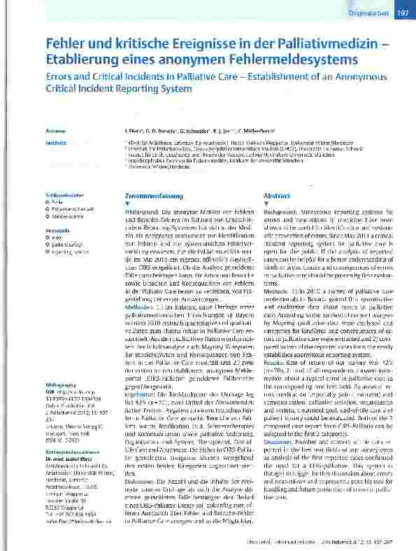Vorschauseite 1: Fehler und kritische Ereignisse in der Palliativmedizin -Etablierung eines anonymen Fehlermeldesystems