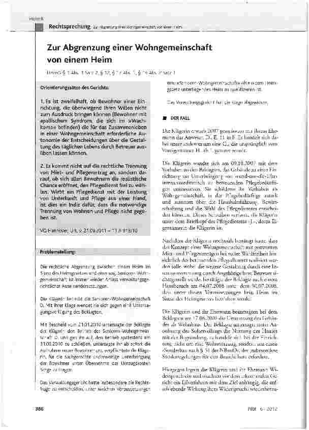 Vorschauseite 1: Zur Abgrenzung einer Wohngemeinschaft von einem Heim