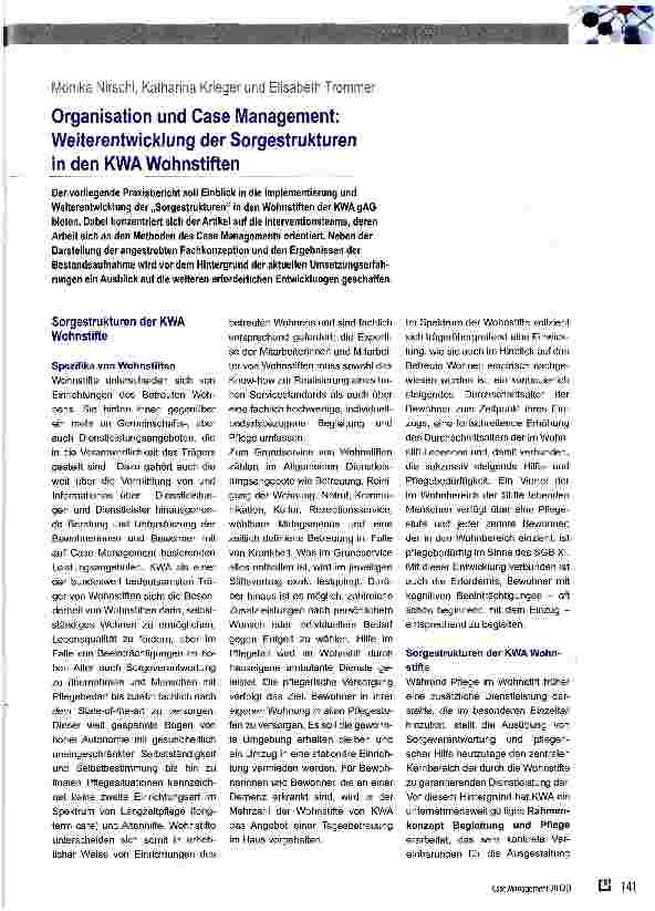 Vorschauseite 1: Organisation und Case Management: Weiterentwicklung der Sorgestrukturen in den KWA Wohnstiften