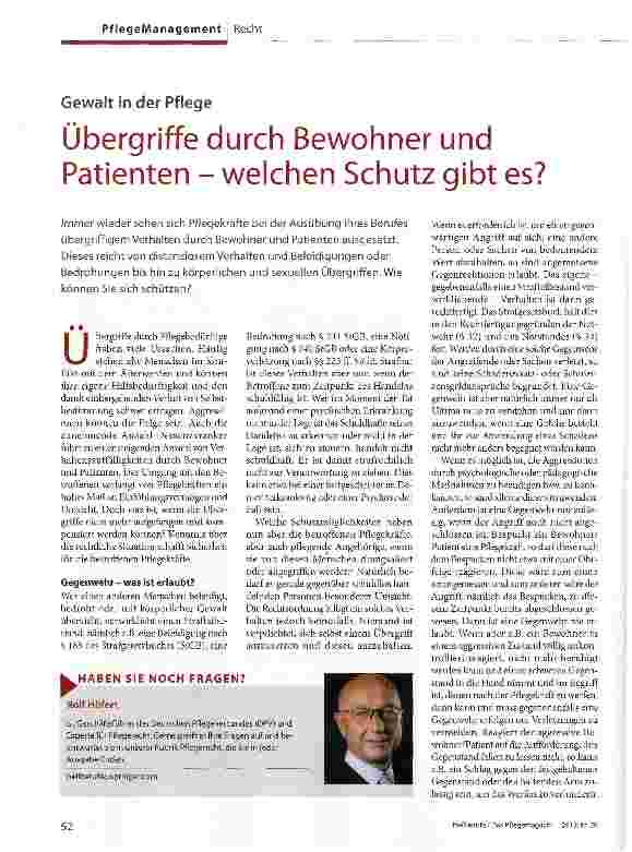 Vorschauseite 1: Gewalt in der PflegeÜbergriffe durch Bewohner und Patienten - welchen Schutz gibt es?