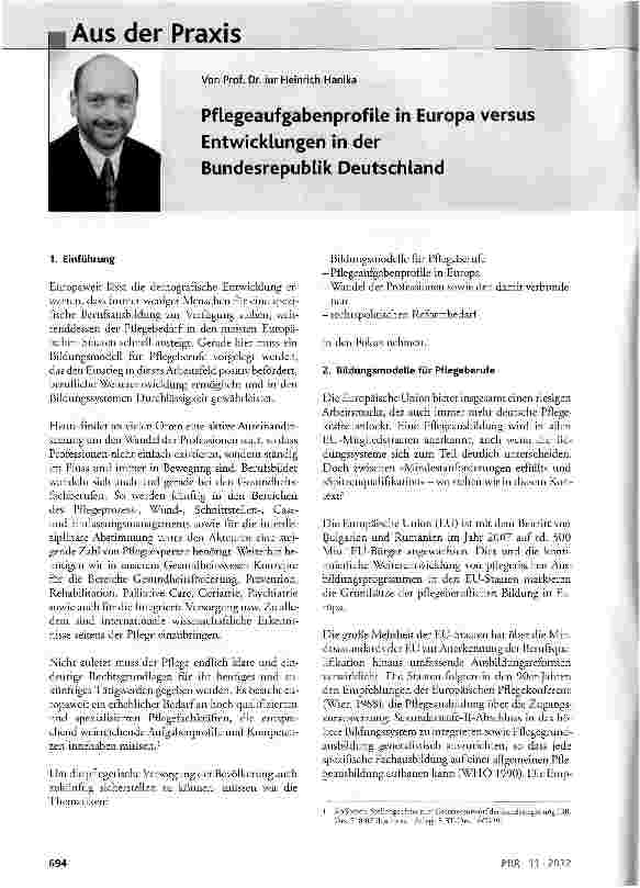 Vorschauseite 1: Pflegeaufgabenprofile in Europa versus Entwicklungen in der Bundesrepublik Deutschland