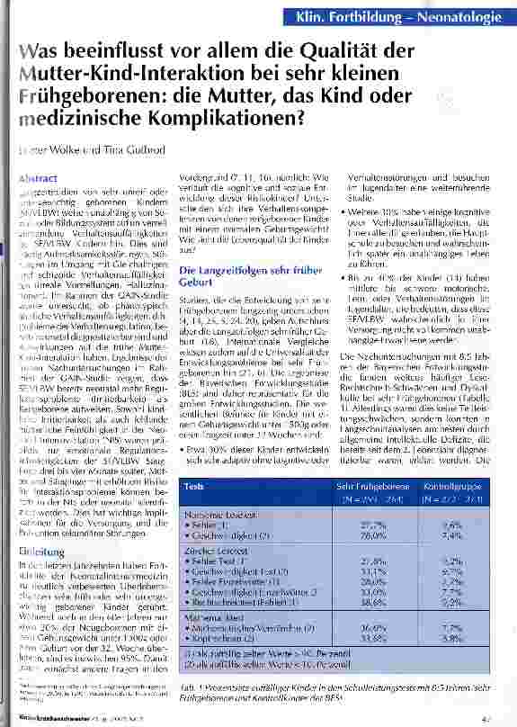 Vorschauseite 1: Was beeinflusst vor allem die Qualität der Mutter-Kind-Interaktion bei sehr kleinen Frühgeborenen: die Mutter, das Kind oder medizinische Komplikationen?
