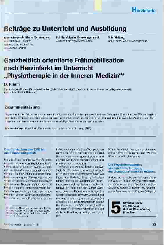 Vorschauseite 1: Ganzheitlich orientierte Frühmobilisation nach Herzinfarkt im Unterricht Physiotherapie in der Inneren Medizin
