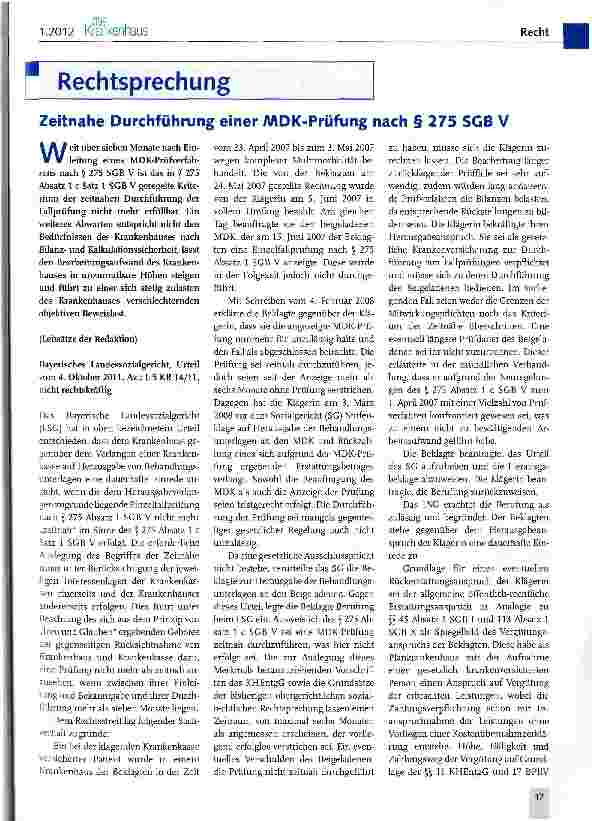 Vorschauseite 1: Zeitnahe Durchführung einer MDK-Prüfung nach § 275 SGB V