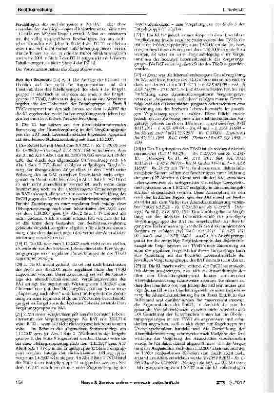 Vorschauseite 2: Keine Fortwirkung der Altersdiskriminierung im BAT durch die Besitzstandswahrung im TVöD -keine Systemwidrigkeit der Entgeltstruktur des TVöD - Gestaltungsspielraum der Tarifvertr…