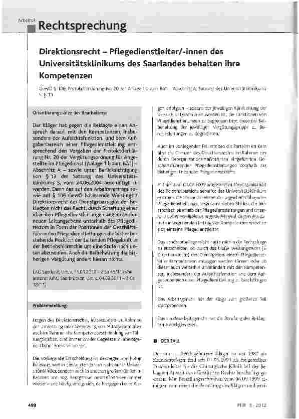 Vorschauseite 1: Direktionsrecht-Pflegedienstleiter/-innen des Universitätsklinikums des Saarlandes behalten ihre Kompetenzen