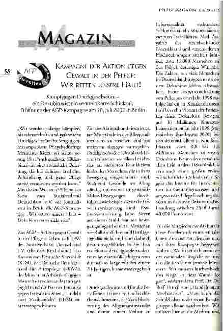 Vorschauseite 1: Kampagne der Aktion gegen Gewalt in der Pflege: Wir retten unsere Haut!