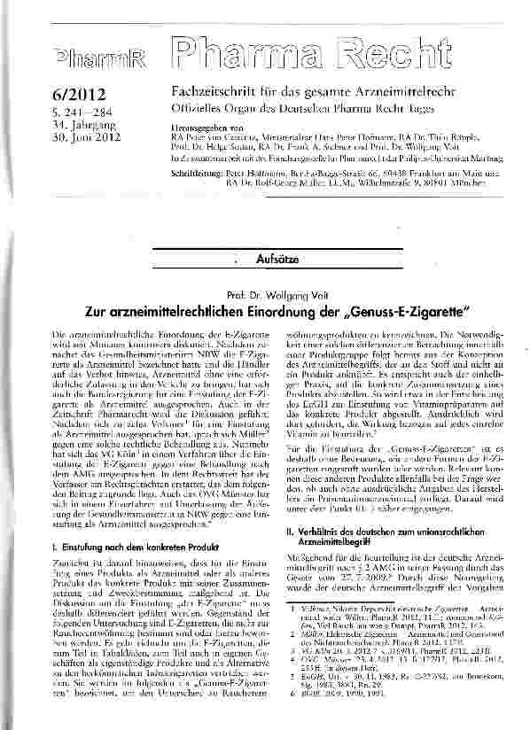 Vorschauseite 1: Zur arzneimittelrechtlichen Einordnung der „Genuss-E-Zigarette