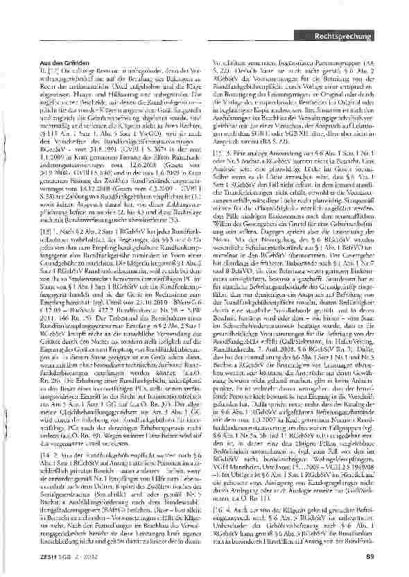 Vorschauseite 2: Befreiung von der Rundfunkgebühr; besondere Härte; Gleichbehandlungs-grundsatz; internetfähiger, zu Studienzwecken genutzter PC; Recht auf Informationsfreiheit; Sozialstaatsgebot…